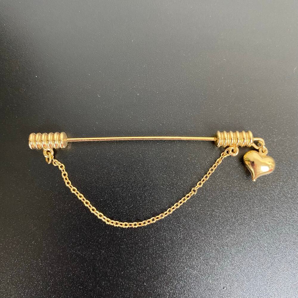 Vintage Gold Tone Collar Bar Safety Pin Brooch with Heart Charm & Draping Chain
